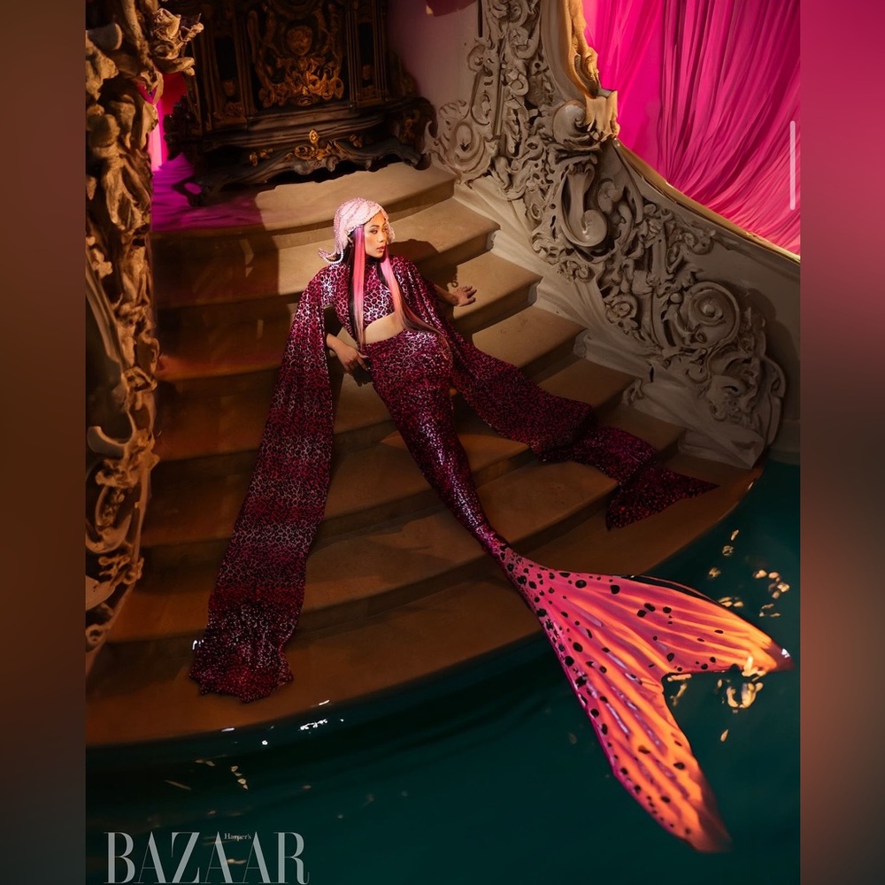 Long sleeve pink animal print dress handmade designer as seen in Harpers Bazar V